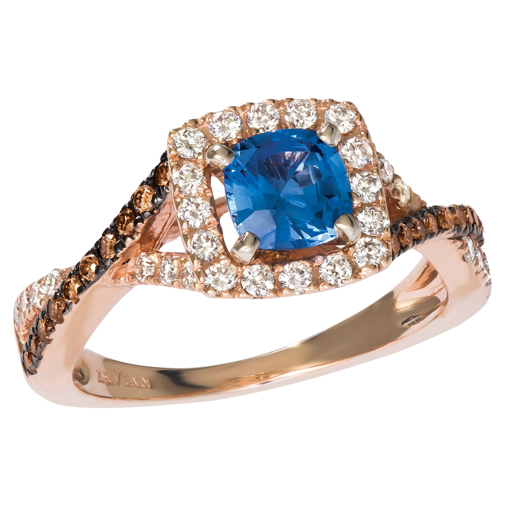 LeVian 14K Rose Gold Ceylon Sapphire Round Brown Diamond Pretty Bridal Halo Ring For Sale
