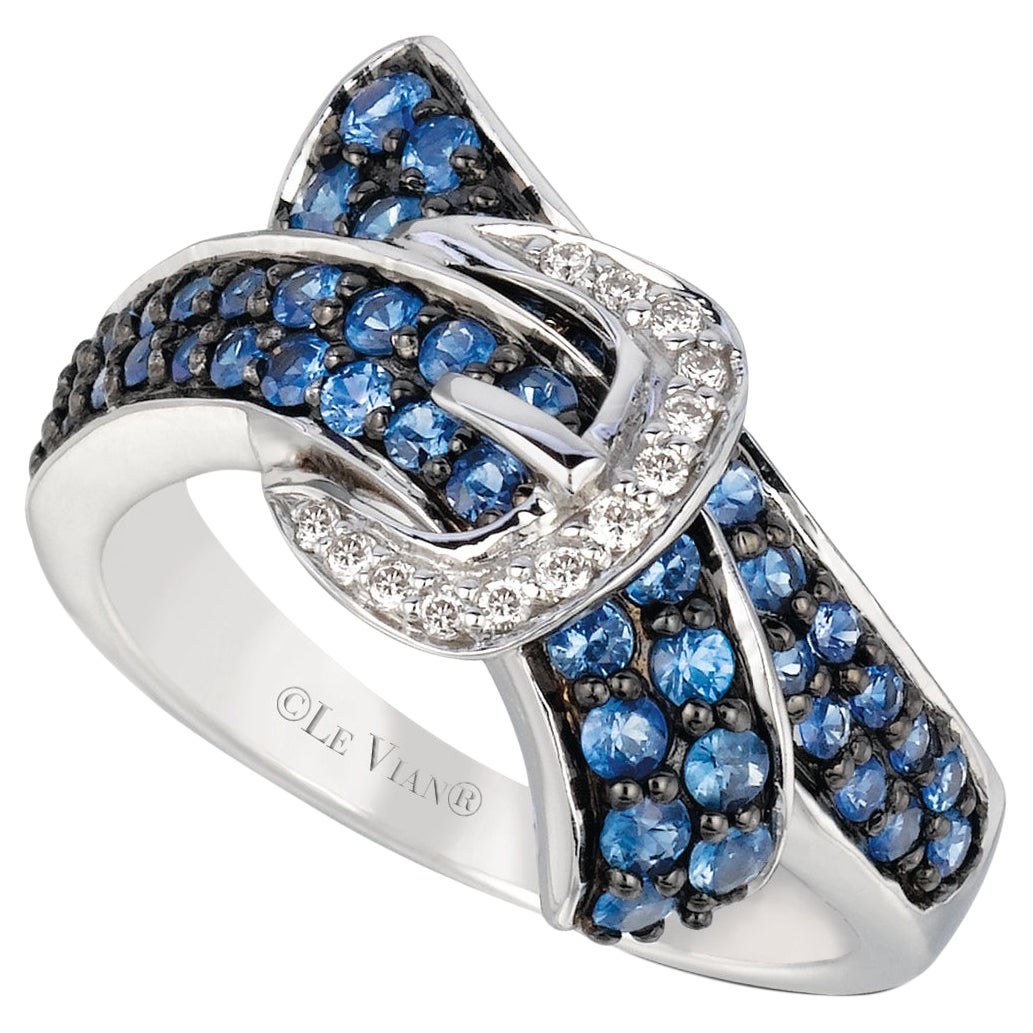 LeVian 14K White Gold Blue Ceylon Sapphire Round Diamonds Beautiful Buckle Ring For Sale