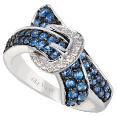 LeVian 14K White Gold Blue Ceylon Sapphire Round Diamonds Beautiful Buckle Ring