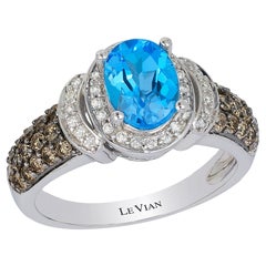 LeVian 14K White Gold, Oval Blue Topaz & 5/8 Cttw White/Chocolate Diamond Halo