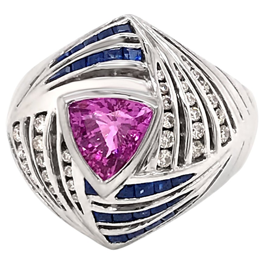 LeVian 18K White Gold Pink Blue Sapphire Round Diamond Cocktail Bezel Ring For Sale