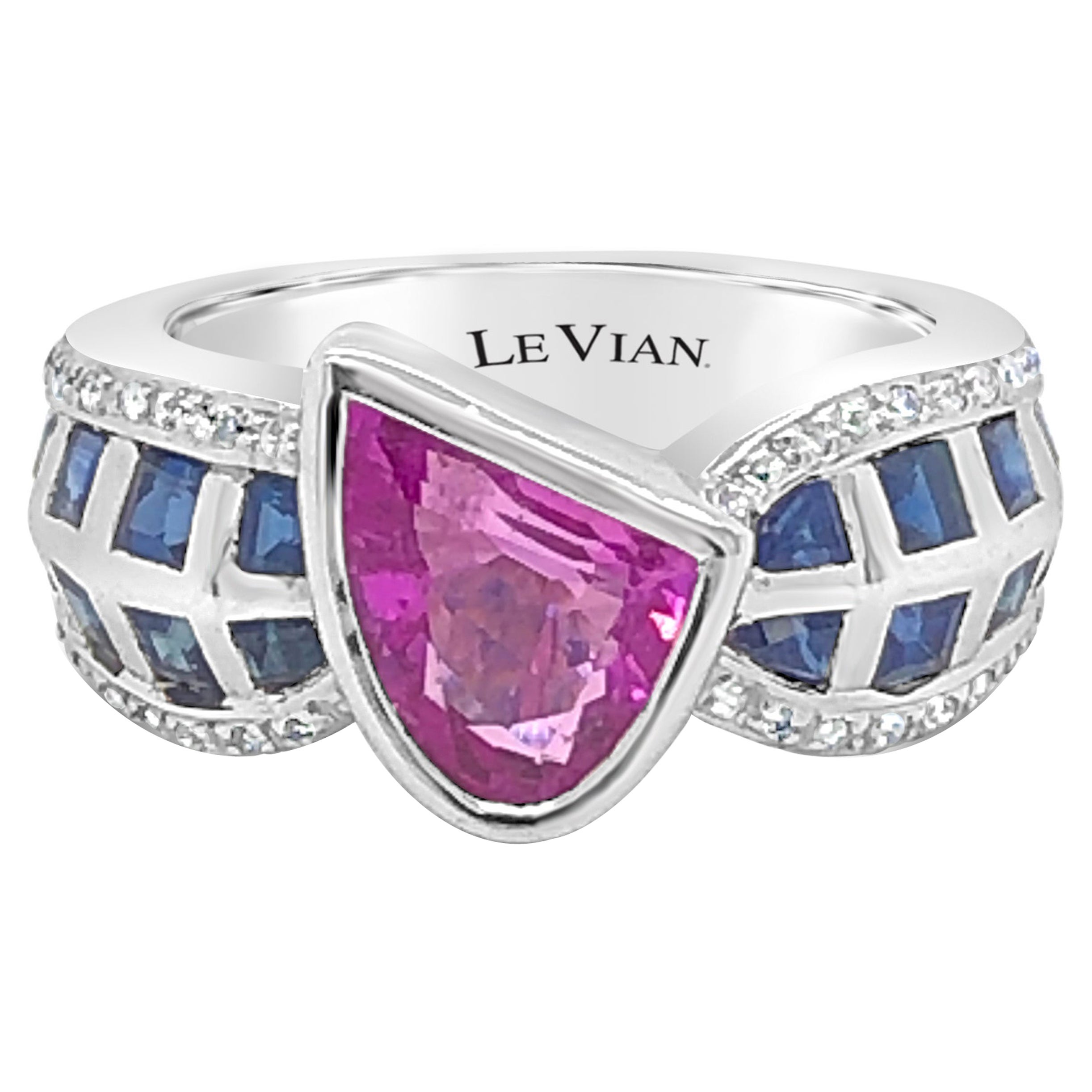 LeVian 18K White Gold Pink Blue Sapphire Round Diamond Bezel Cocktail Ring For Sale