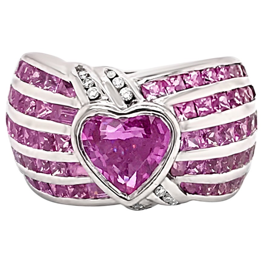 LeVian 18K White Gold Pink Sapphire Round Diamond Love Heart Cocktail Ring For Sale