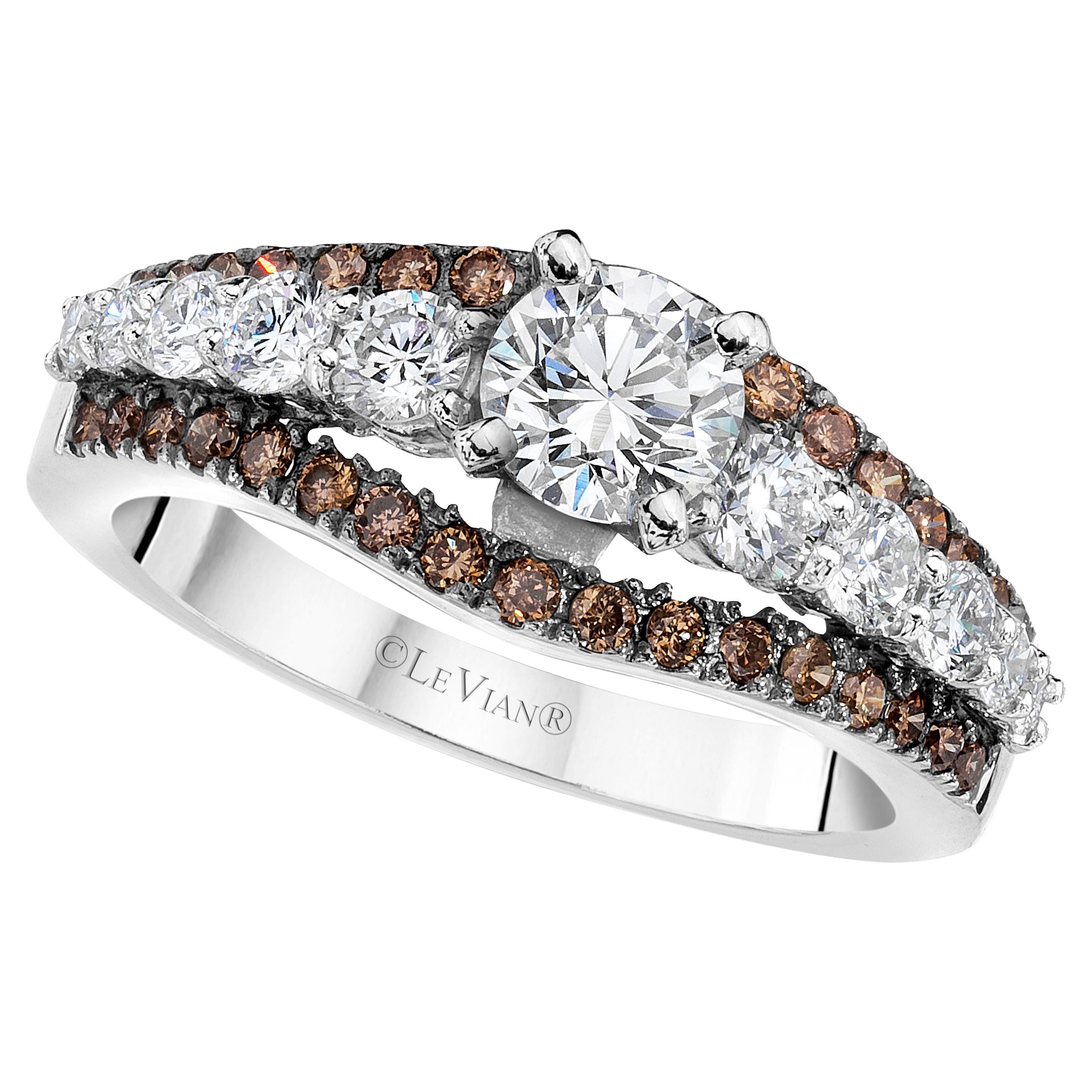 LeVian 14K White Gold Round Chocolate Brown Diamond Pretty Bridal Wedding Ring For Sale