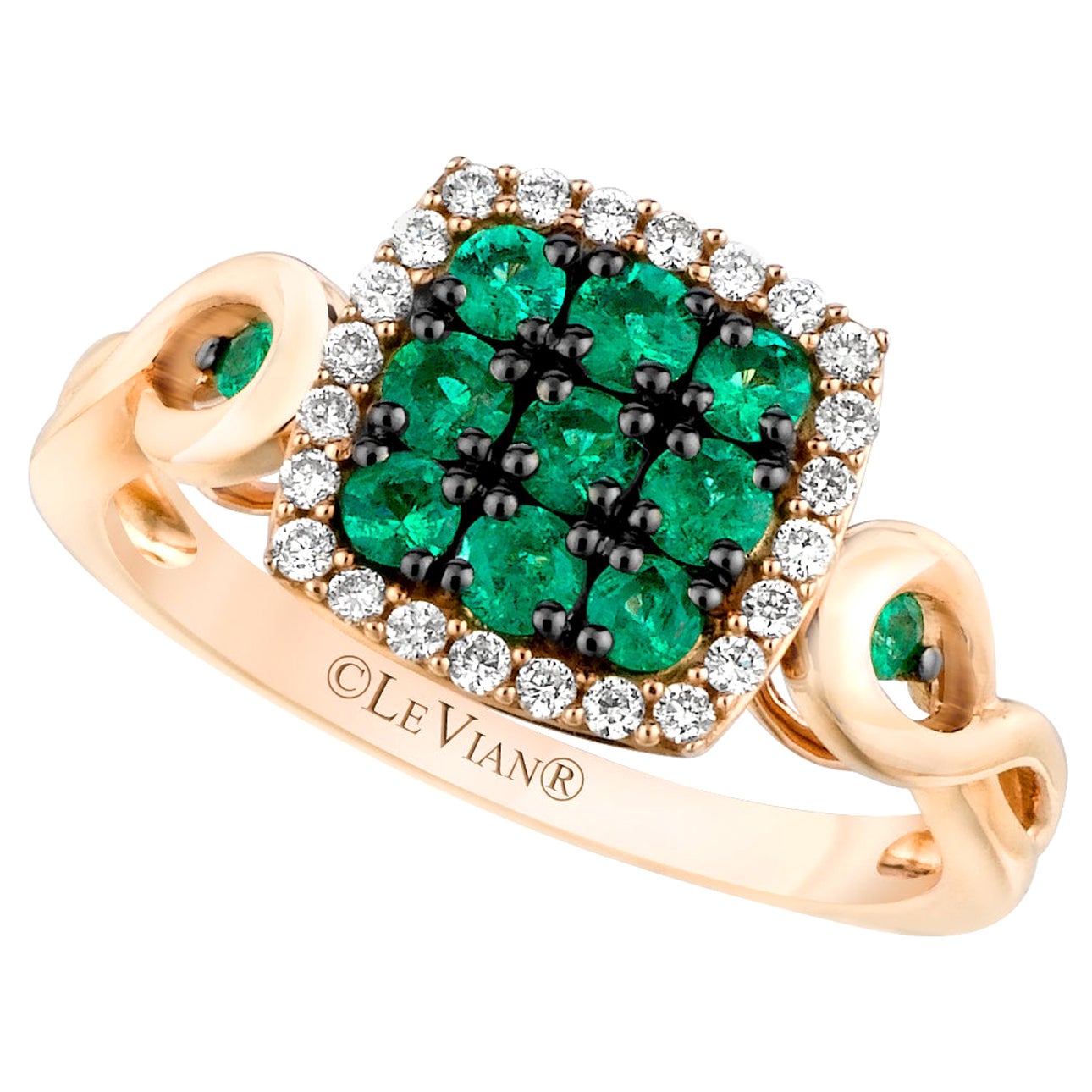 LeVian 14K Rose Gold Emerald Round Diamond Fancy Classic Cluster Cocktail Ring For Sale