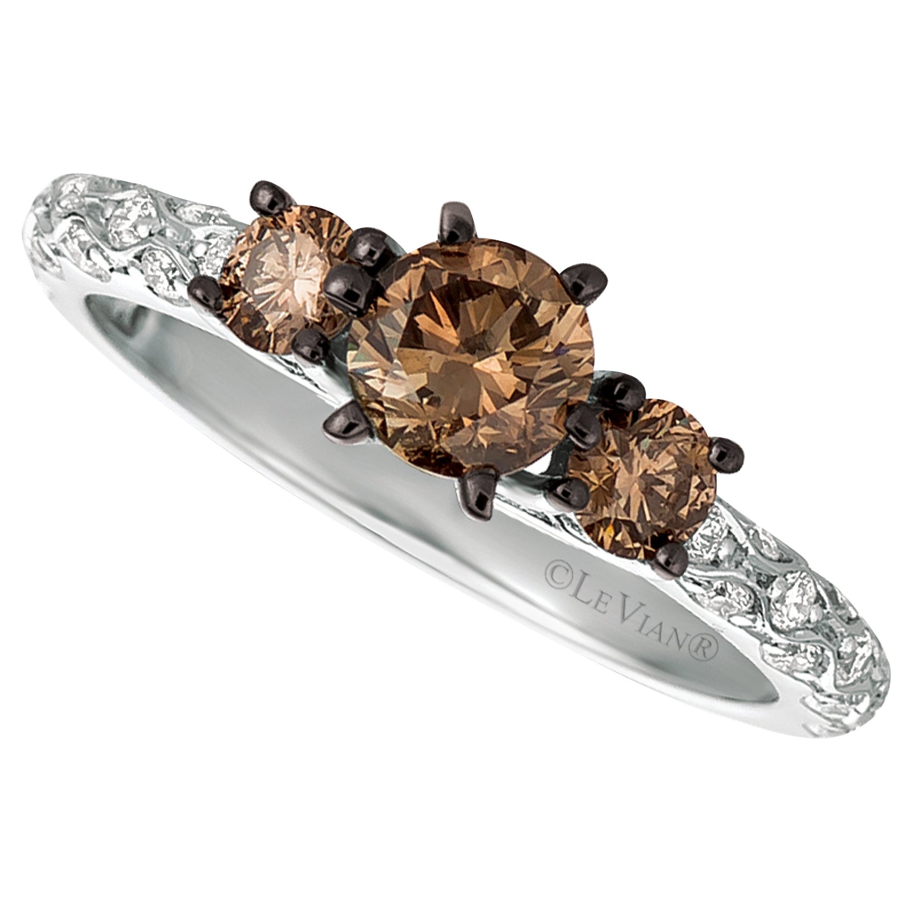 LeVian 14K White Gold Round Chocolate Brown Diamond 3 Stone Bridal Wedding Ring For Sale