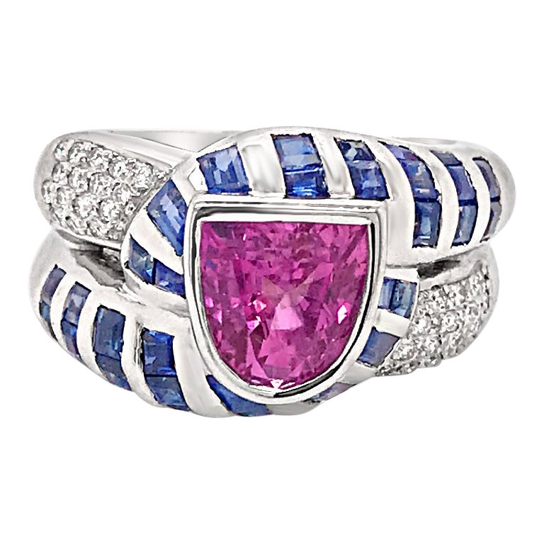 LeVian 18K White Gold Pink Blue Sapphire Round Diamond Bezel Classic Ring For Sale