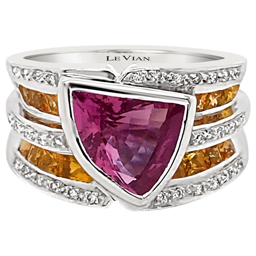 LeVian 18K White Gold Pink Yellow Sapphire Round Diamond Bezel Cocktail Ring For Sale