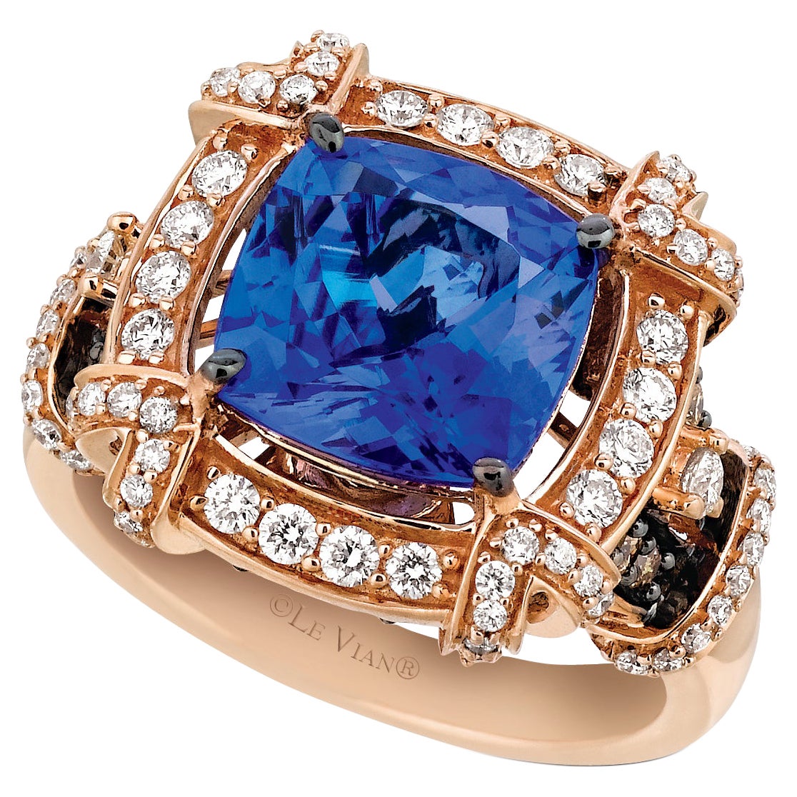 LeVian 18k Rose Gold Blue Tanzanite Chocolate Brown Round Diamonds Cocktail Ring For Sale