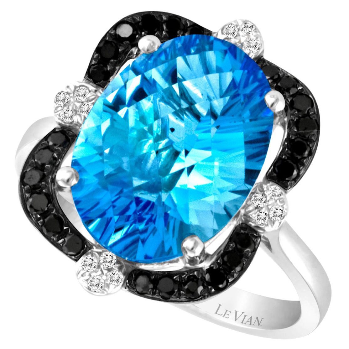 LeVian 14K White Gold Blue Topaz Round Black Diamonds Beauty Pretty Fancy Ring