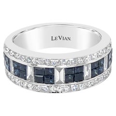 LeVian 18K White Gold Blue Sapphire Round Baguette Diamond Classic Band Ring