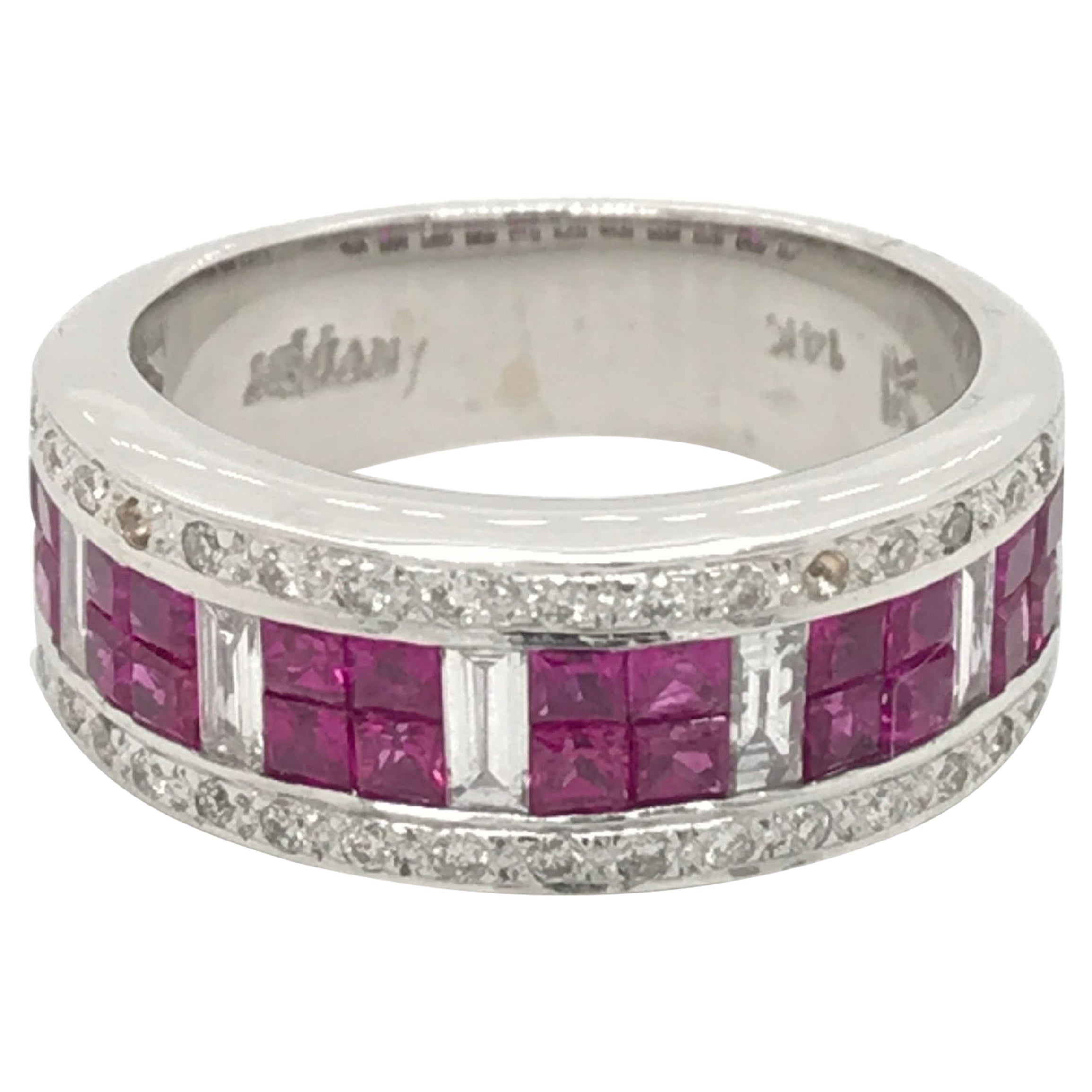LeVian 14K White Gold Red Ruby Round Baguette Diamond Pretty Cocktail Band Ring For Sale