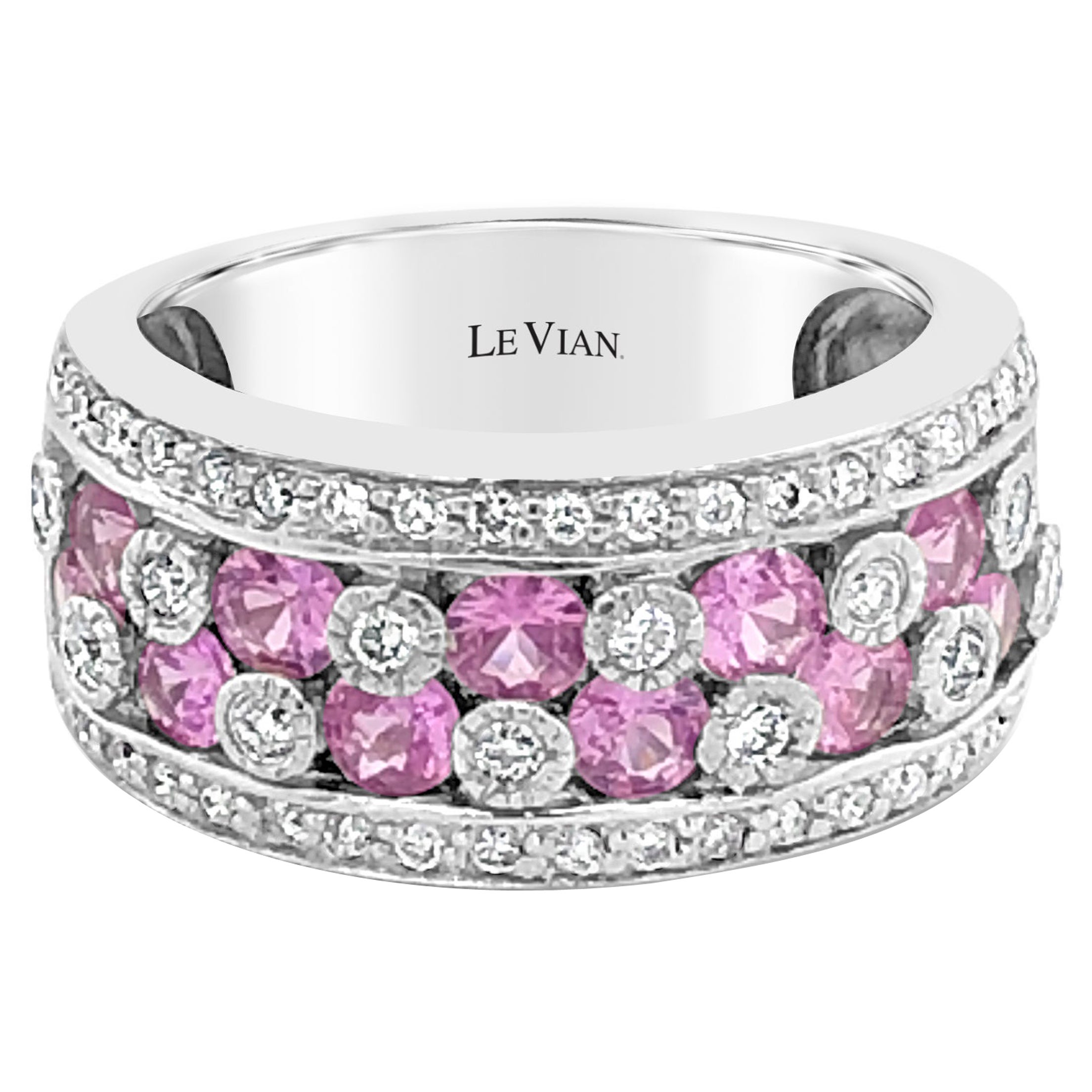 LeVian 14K White Gold Pink Sapphire Round Diamond Classy Cocktail Band Ring