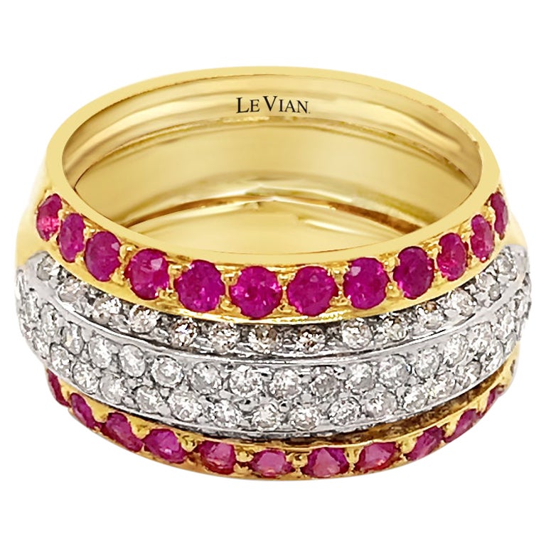 LeVian 18K Yellow Gold Red Pink Ruby Round Diamond Multi Row Channel Classy Ring