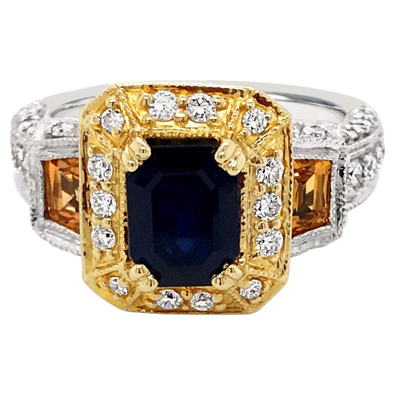 LeVian 14K Two Tone Gold Yellow & Blue Sapphire Round Diamond Halo Cocktail Ring