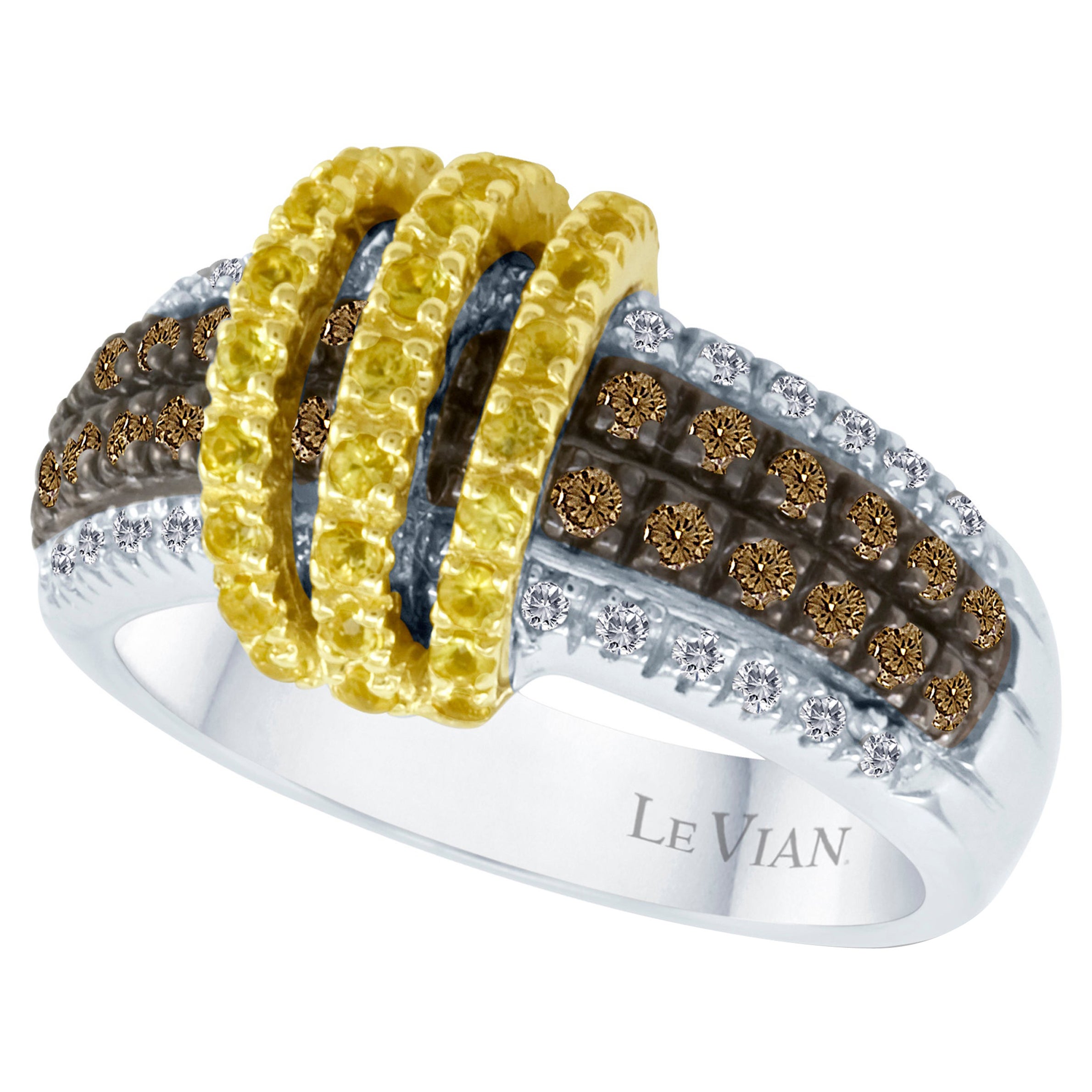LeVian 14K Two-Tone Gold Yellow Sapphire Round Chocolate Brown Diamond Ring For Sale
