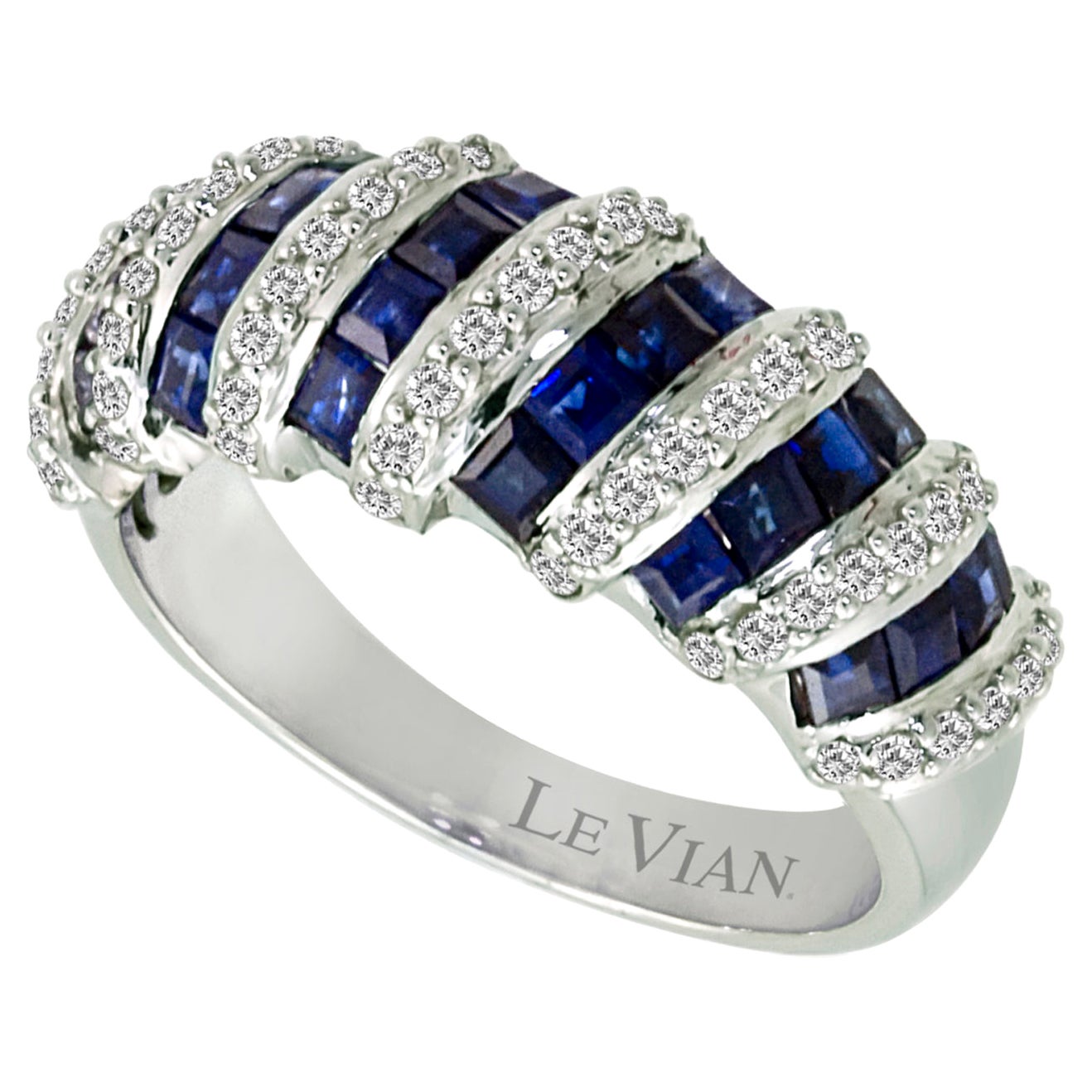 LeVian 14K White Gold Blue Sapphire Round Diamond Classic Pretty Cocktail Ring
