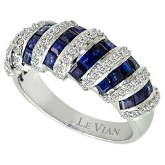LeVian 14K White Gold Blue Sapphire Round Diamond Classic Pretty Cocktail Ring