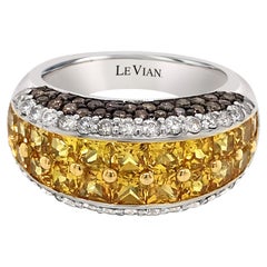 LeVian 14K White Gold Yellow Sapphire Round Brown Diamond Classy Multi Row Ring