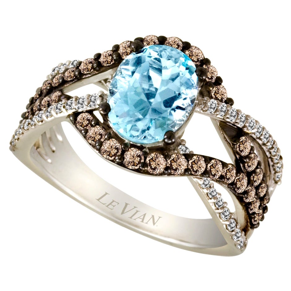 LeVian 14K White Gold Aqua Chocolate Brown Diamond New Swirl Cocktail Band Ring For Sale