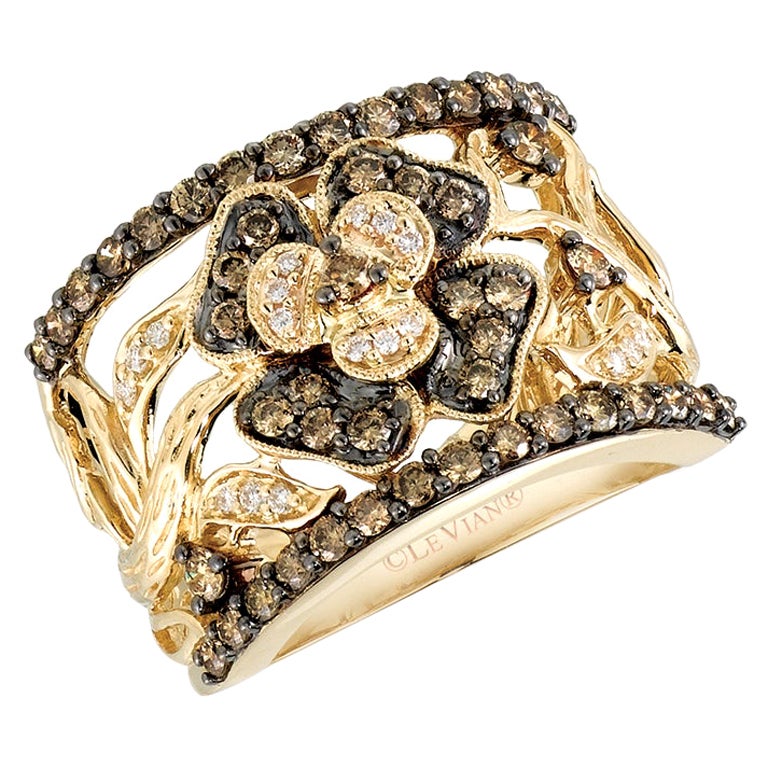 LeVian 14K Yellow Gold Round Chocolate Brown Diamonds Fancy Pretty Flower Ring For Sale