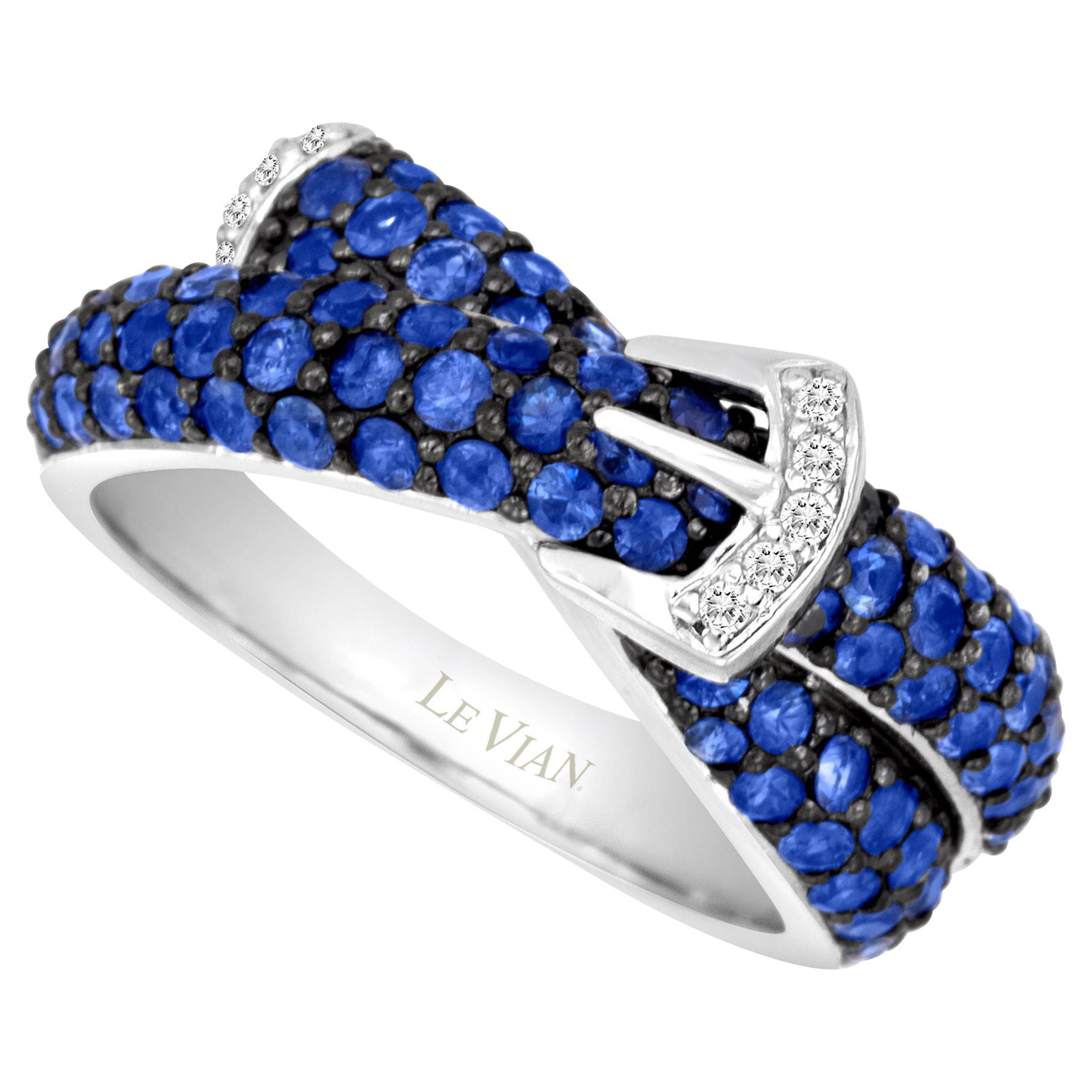 LeVian 14K White Gold Blue Ceylon Sapphire Round Diamond Cocktail Buckle Ring For Sale