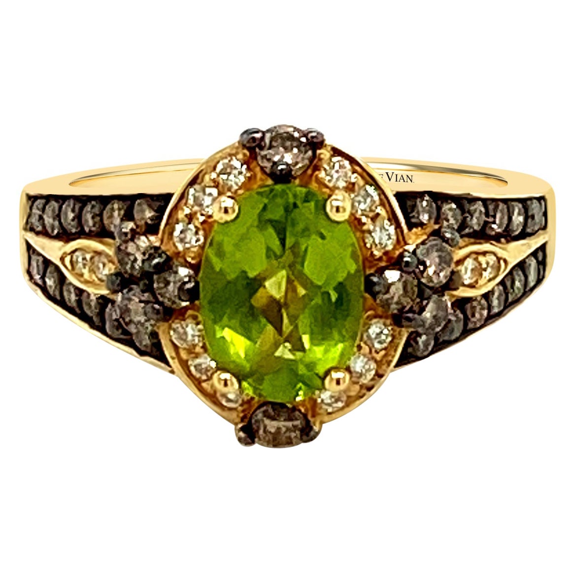 LeVian 14K Yellow Gold Peridot Round Chocolate Brown Diamond Halo Cocktail Ring For Sale
