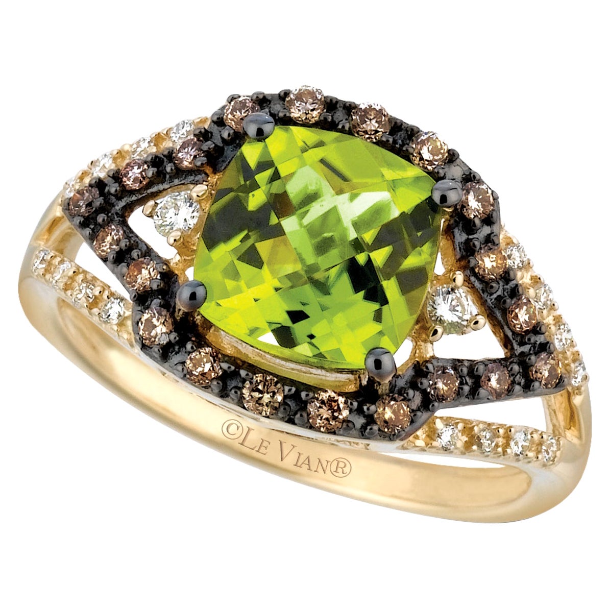 Halo-Ring, 14 Karat Gelbgold, grüner Peridot, runder schokoladenbrauner Diamant