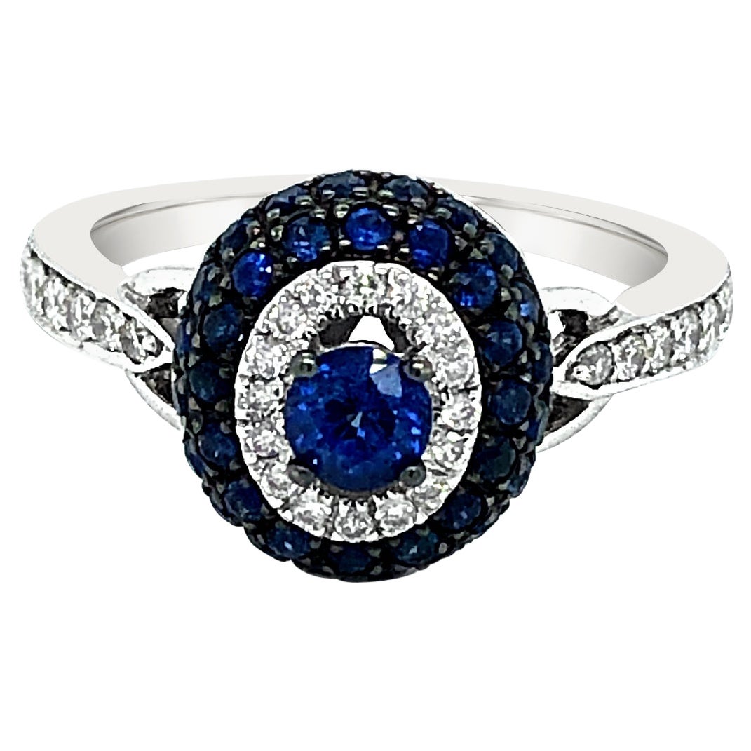 LeVian 14K White Gold Blue Sapphire Round Diamond Beautiful Halo Cocktail Ring For Sale