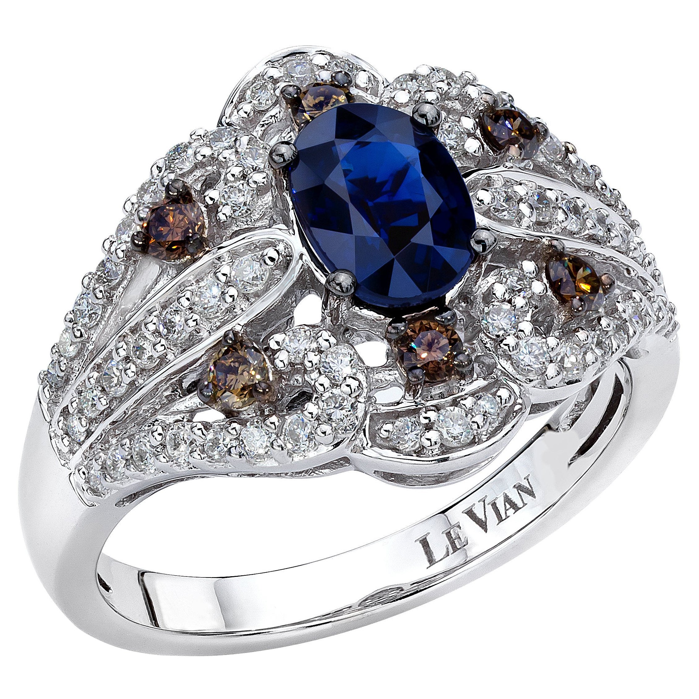 LeVian 14K White Gold Blue Sapphire Round Chocolate Brown Diamond Cocktail Ring