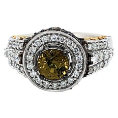 Halo-Ring, 14K zweifarbiges Gold, gelber Saphir, runder schokoladenbrauner Diamant