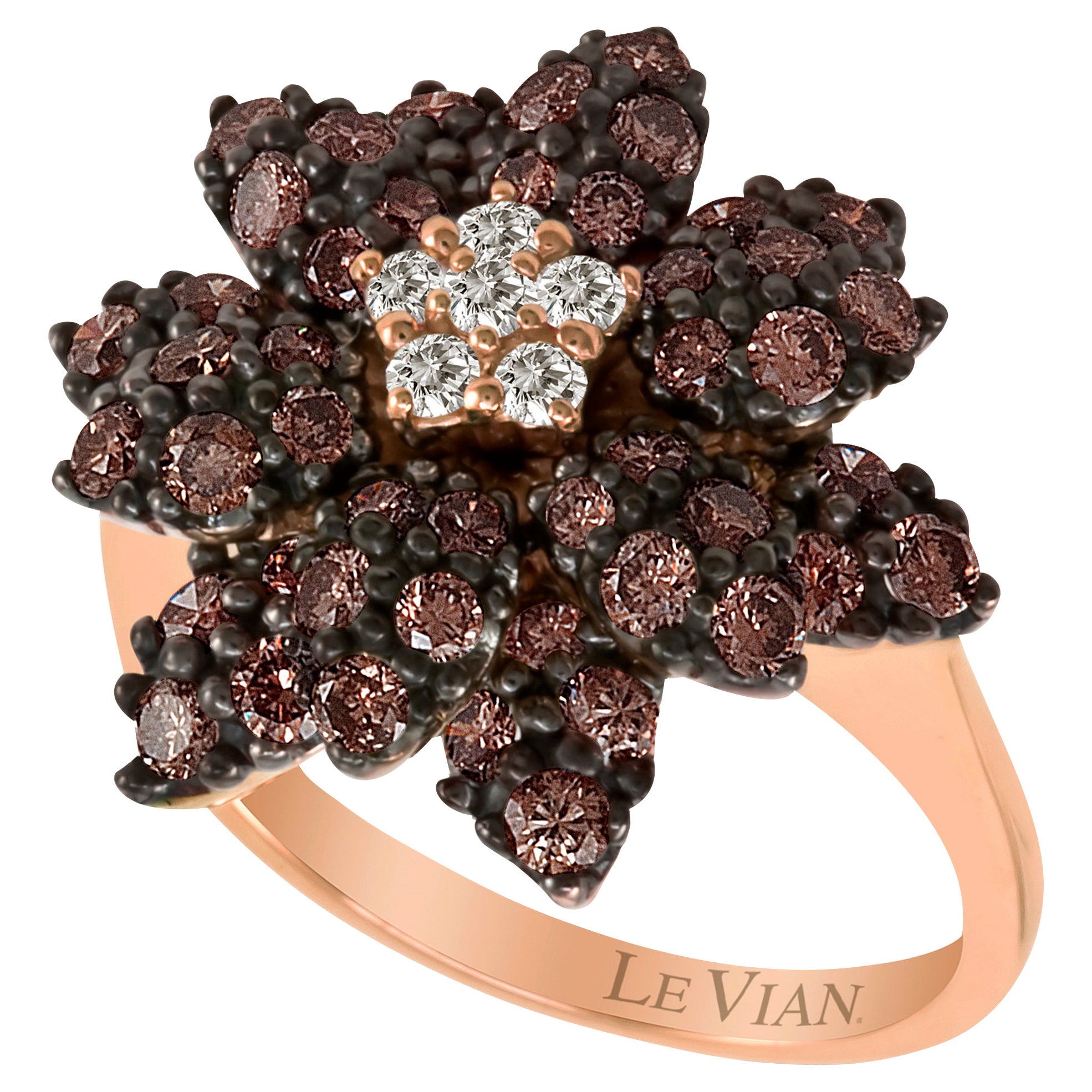 Magnifique bague étoile de fleurs LeVian en or rose 14 carats avec diamant brun chocolat rond