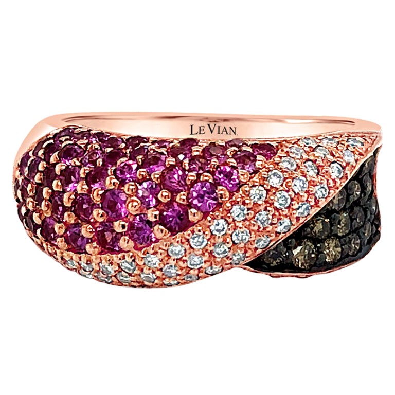 LeVian 14K Rose Gold Pink Sapphire Round Chocolate Brown Diamond Cocktail Ring For Sale