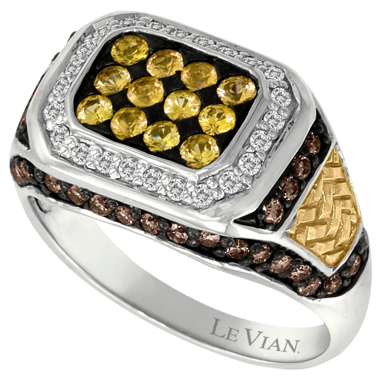 LeVian 14K Two Tone Gold Yellow Sapphire Round Brown Diamond Classy Cluster Ring For Sale