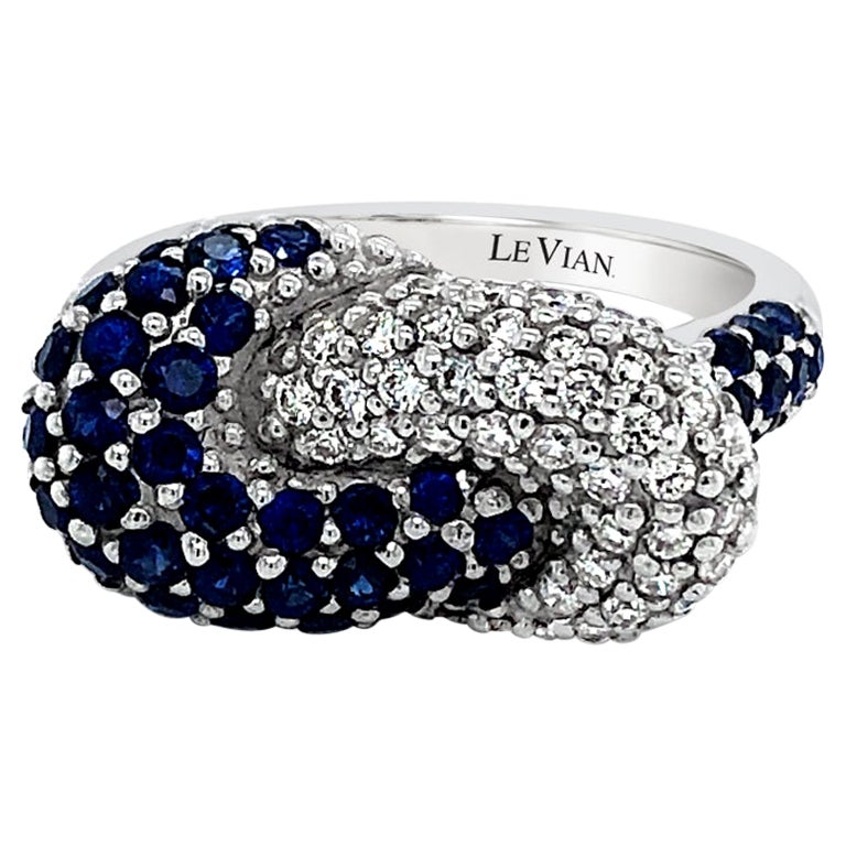 LeVian 14K White Gold Blue Sapphire Round Diamond Classic Twisted Cocktail Ring For Sale