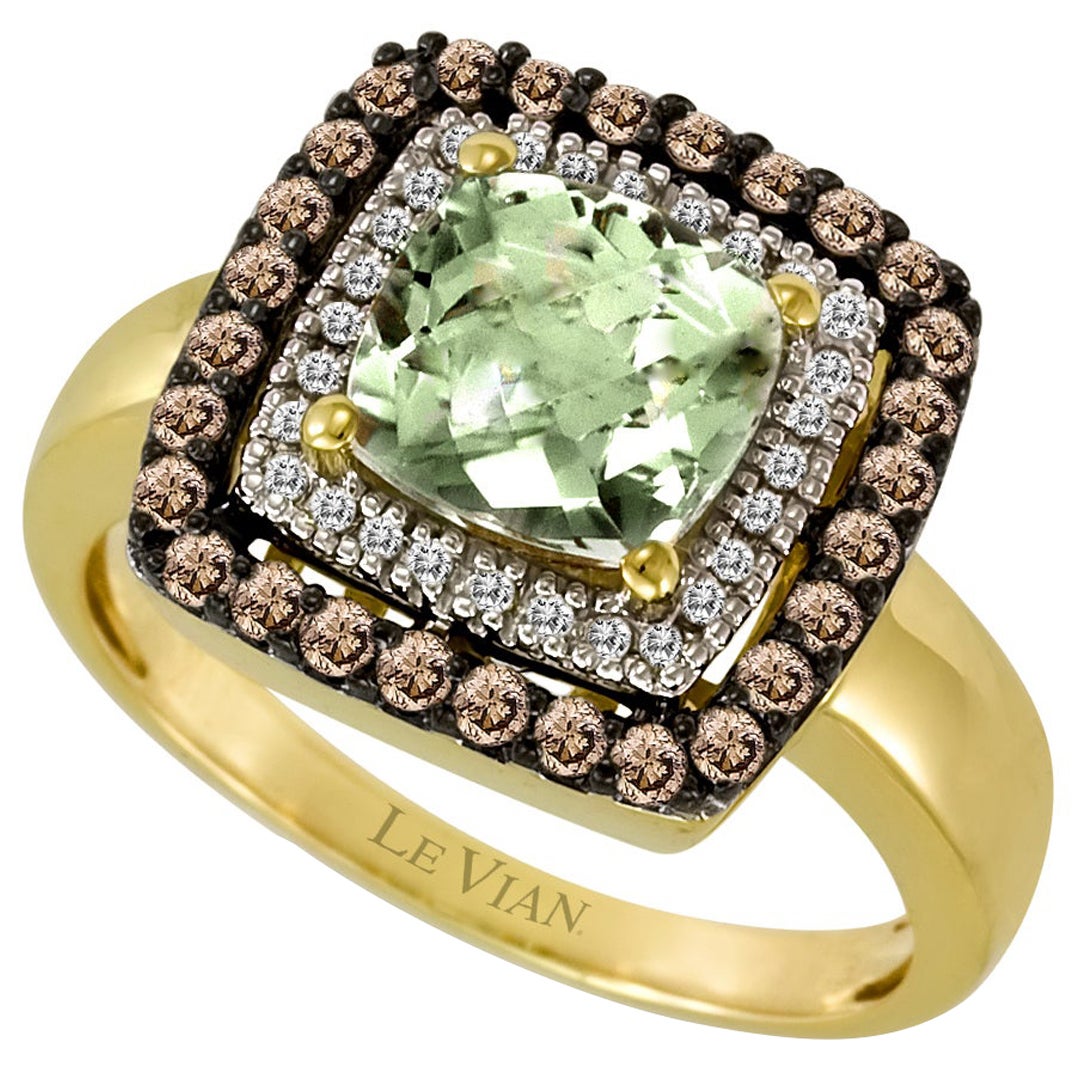 LeVian 14K Green Gold Green Quartz Round Chocolate Brown Diamond Halo Ring For Sale