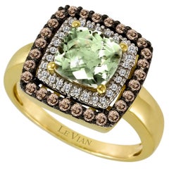 LeVian Bague en or vert 14 carats, quartz vert, diamant rond brun chocolat et halo