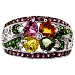 LeVian 14K White Gold Multicolor Sapphire Tsavorite Garnet Round Diamond Ring