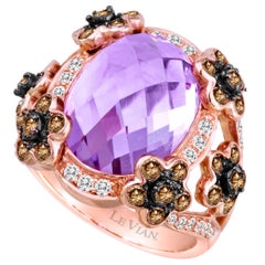 Klassischer Halo-Ring, 14 Karat Roségold Amethyst, runder brauner Schokolade-Diamant