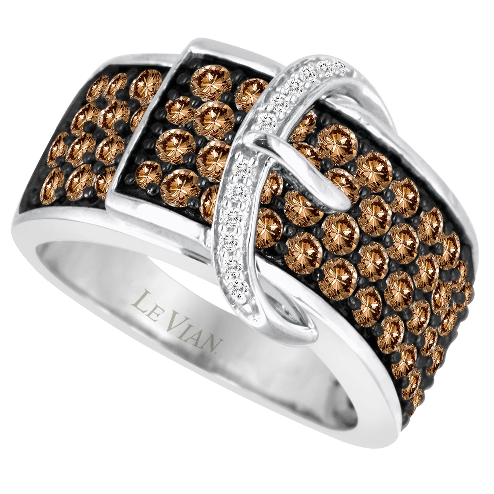 LeVian 14K White Gold Round Chocolate Brown Diamond Cluster Buckle Cocktail Ring For Sale