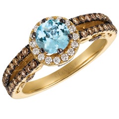 LeVian 14K Yellow Gold Aquamarine Round Diamond Split Shank Bridal Halo Ring