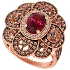 LeVian 14K Rose Gold Rhodolite Round Chocolate Brown Diamond Halo Flower Ring