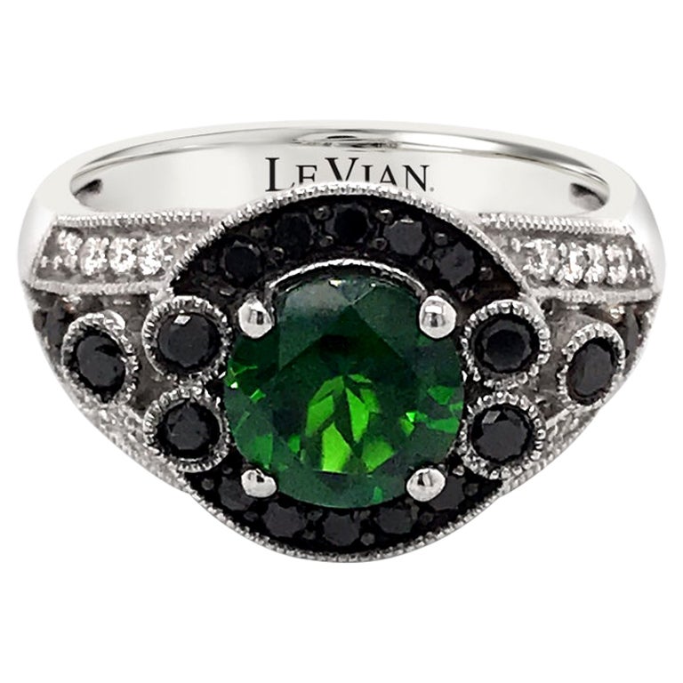 LeVian 14K White Gold Green Chrome Diopside Round Black Diamond Classy Halo Ring For Sale