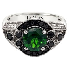 LeVian 14K White Gold Green Chrome Diopside Round Black Diamond Classy Halo Ring
