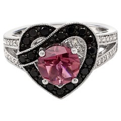 LeVian 14K White Gold Pink Tourmaline Round Black Diamond Classy Love Heart Ring