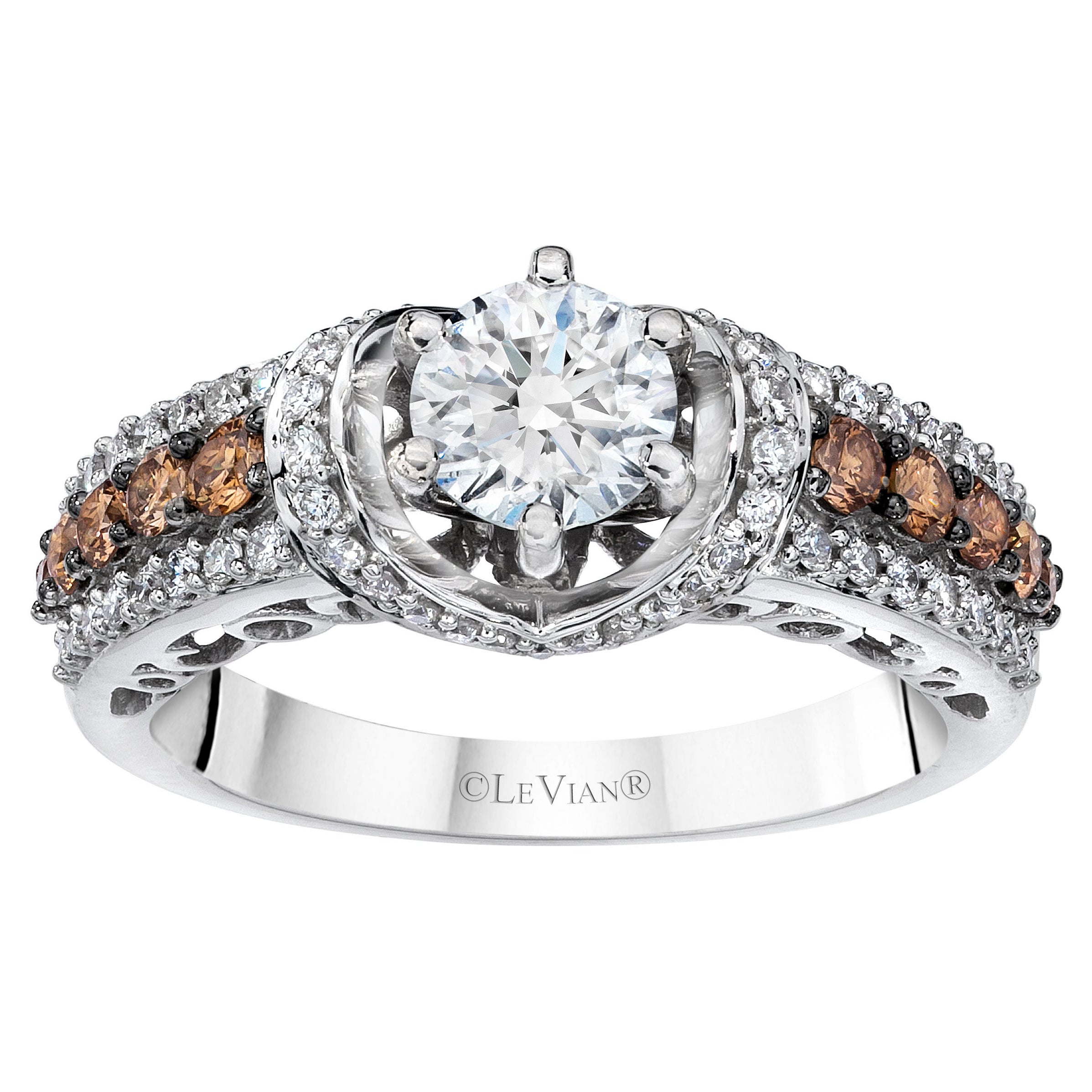 LeVian 14K White Gold Round Chocolate Brown Diamond Cocktail Bridal Wedding Ring For Sale
