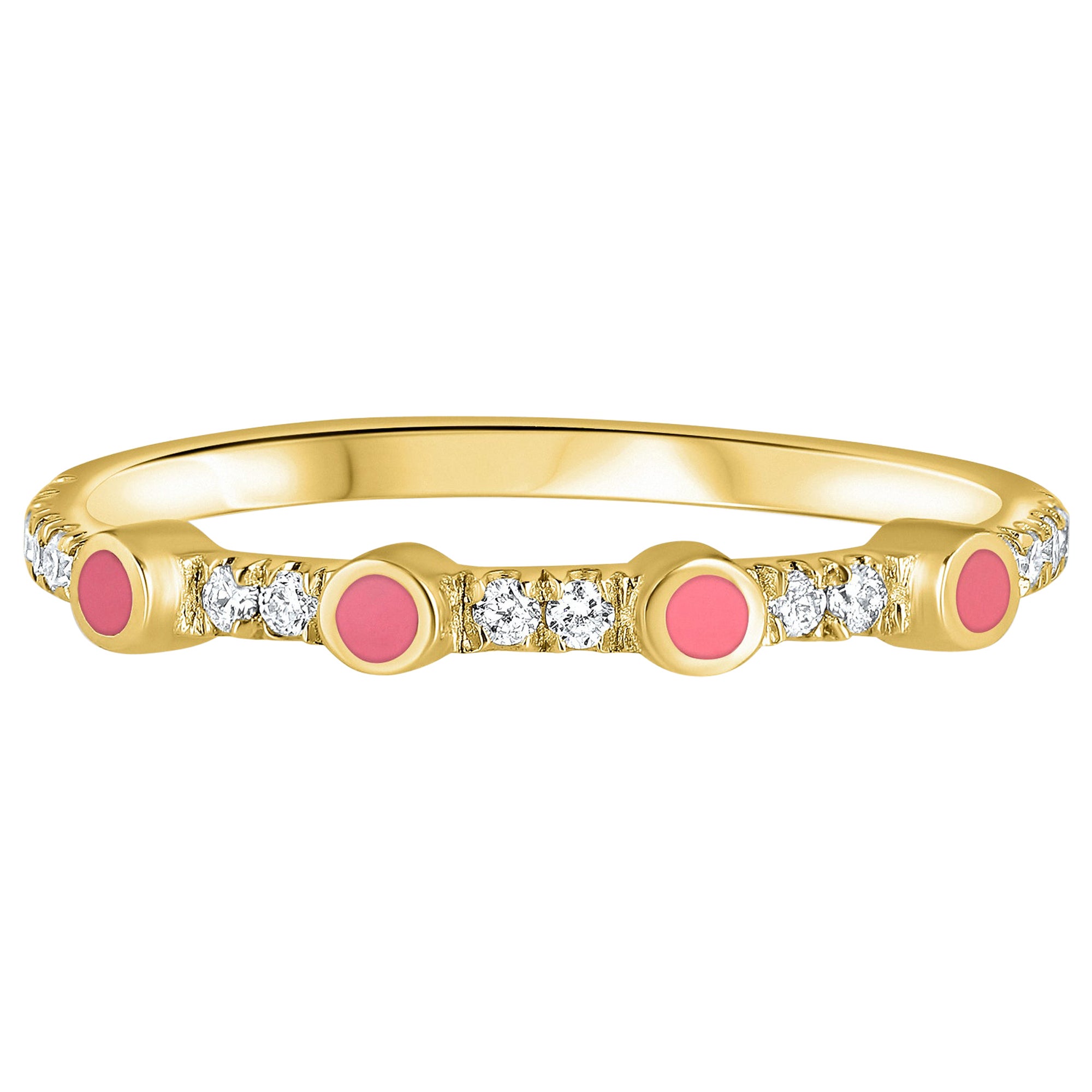 0.11 Carat Diamond Pink Enamel Stacking Ring in 14K Yellow Gold, Shlomit Rogel