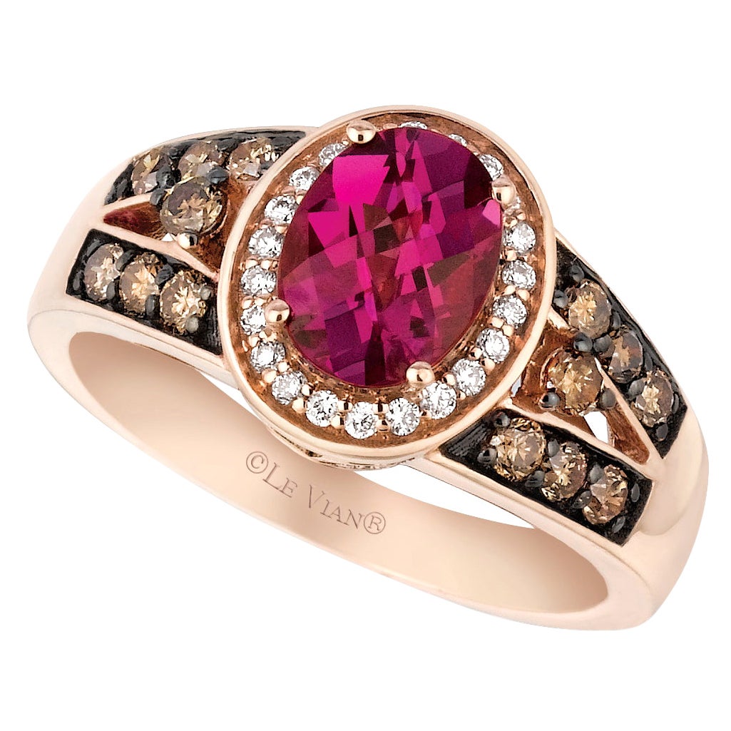 LeVian 14K Rose Gold Rhodolite Garnet Round Brown Diamond Halo Cocktail Ring For Sale
