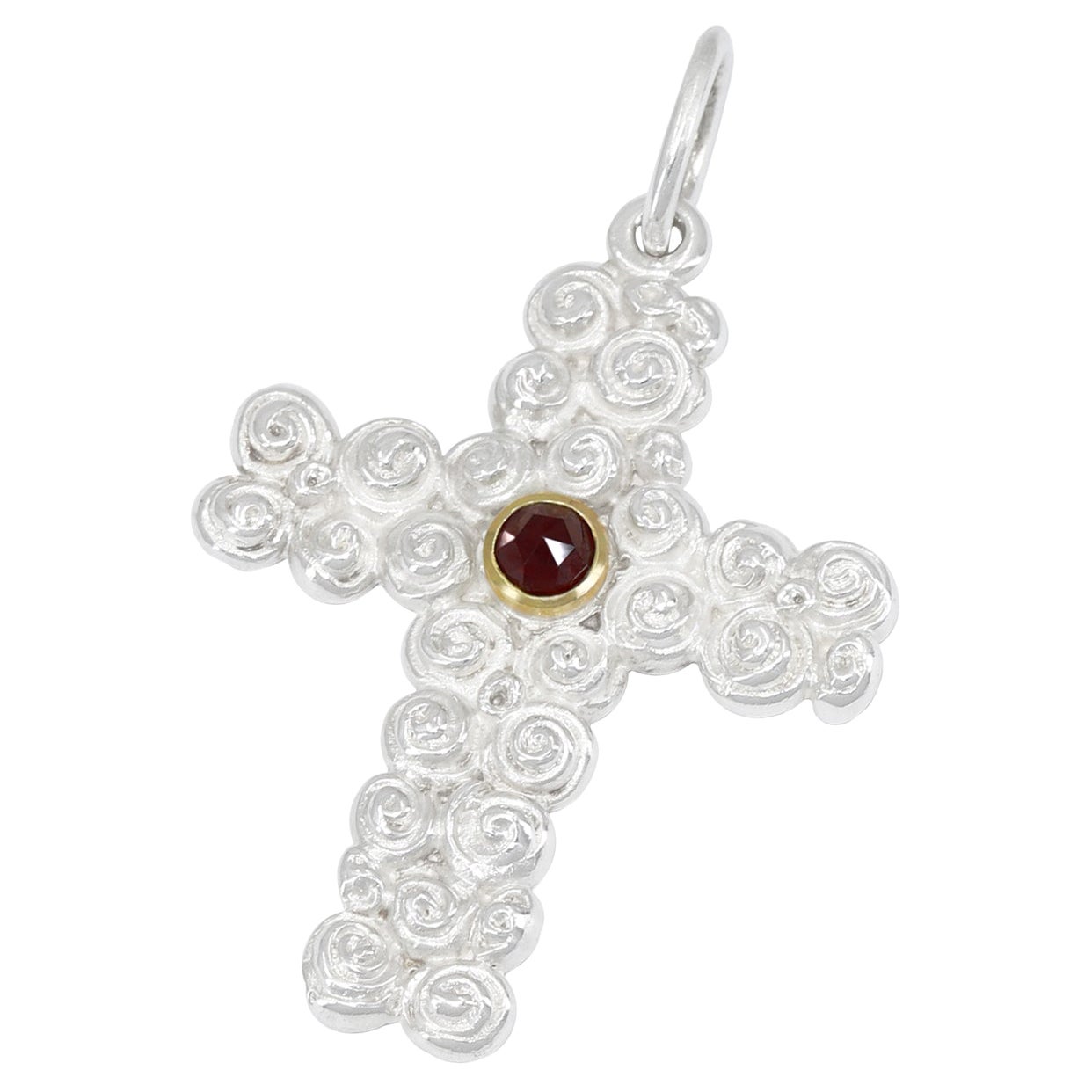 Faceted Garnet Bright Sterling Silver Gold Rosette Cross Pendant Necklace For Sale