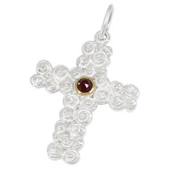 Faceted Garnet Bright Sterling Silver Gold Rosette Cross Pendant Necklace